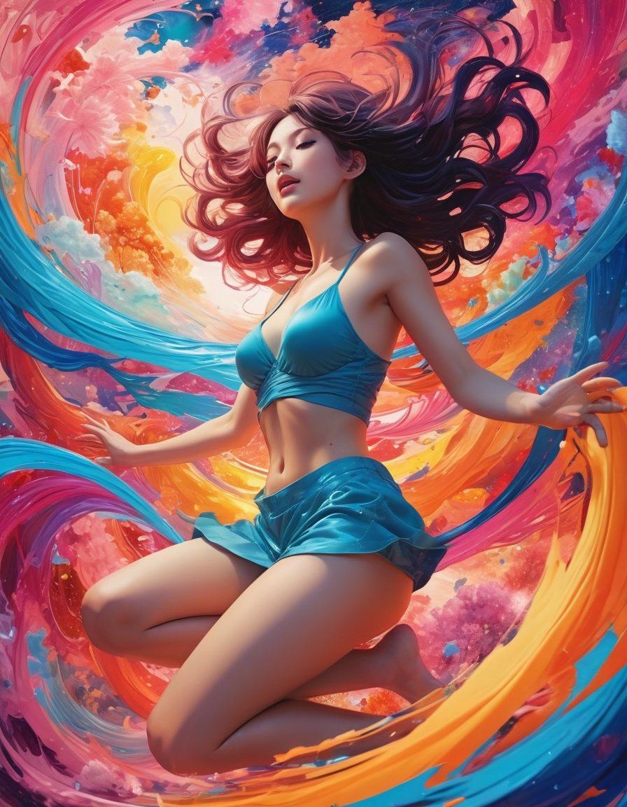 A vibrant collage depicting various styles of hentai art merging into abstract representations of euphoria. The foreground shows animated characters transitioning into fluid, dream-like forms, while energetic colors swirl around them. Incorporate elements of joy and sensuality that celebrate adult themes through artistic expressions. Use a dynamic, multi-dimensional perspective to convey transformation. vibrant colors. surrealism. 3D.